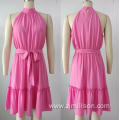 Woven Pink Sleeveless Belt Ruffles Dress